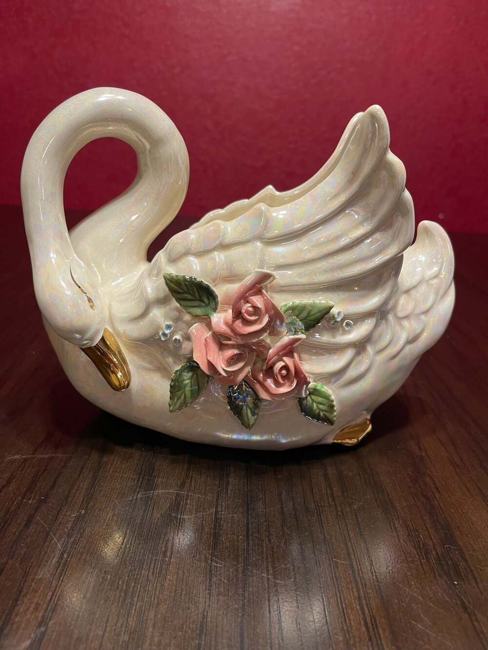 Vintage Norcreast Iridescent Pearlized Ceramic Swan Planter Vase with 3D Roses